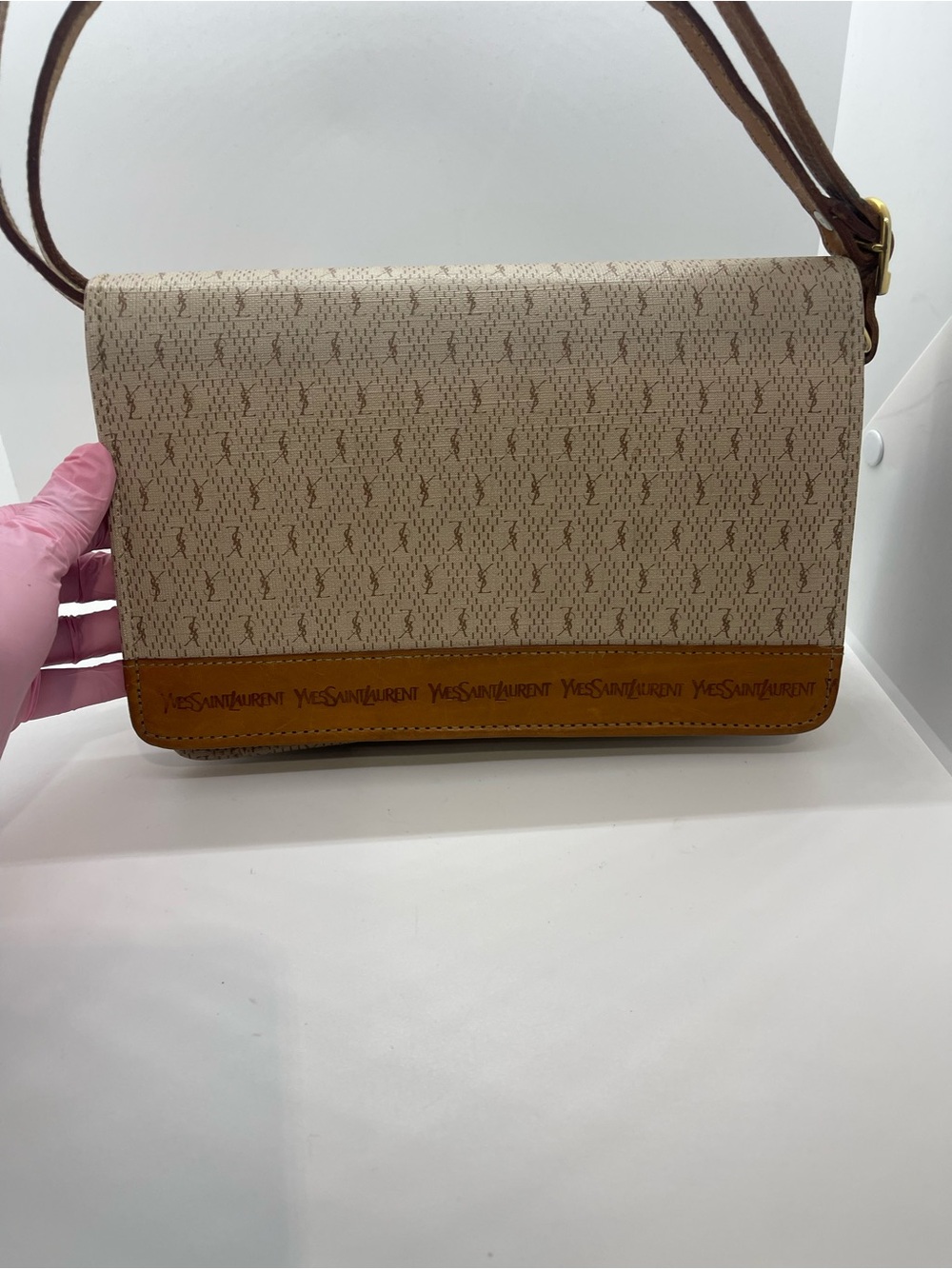 Yves Saint Laurent Beige and Brown Shoulder Bag with Monogram Trim - Picture 12 of 16